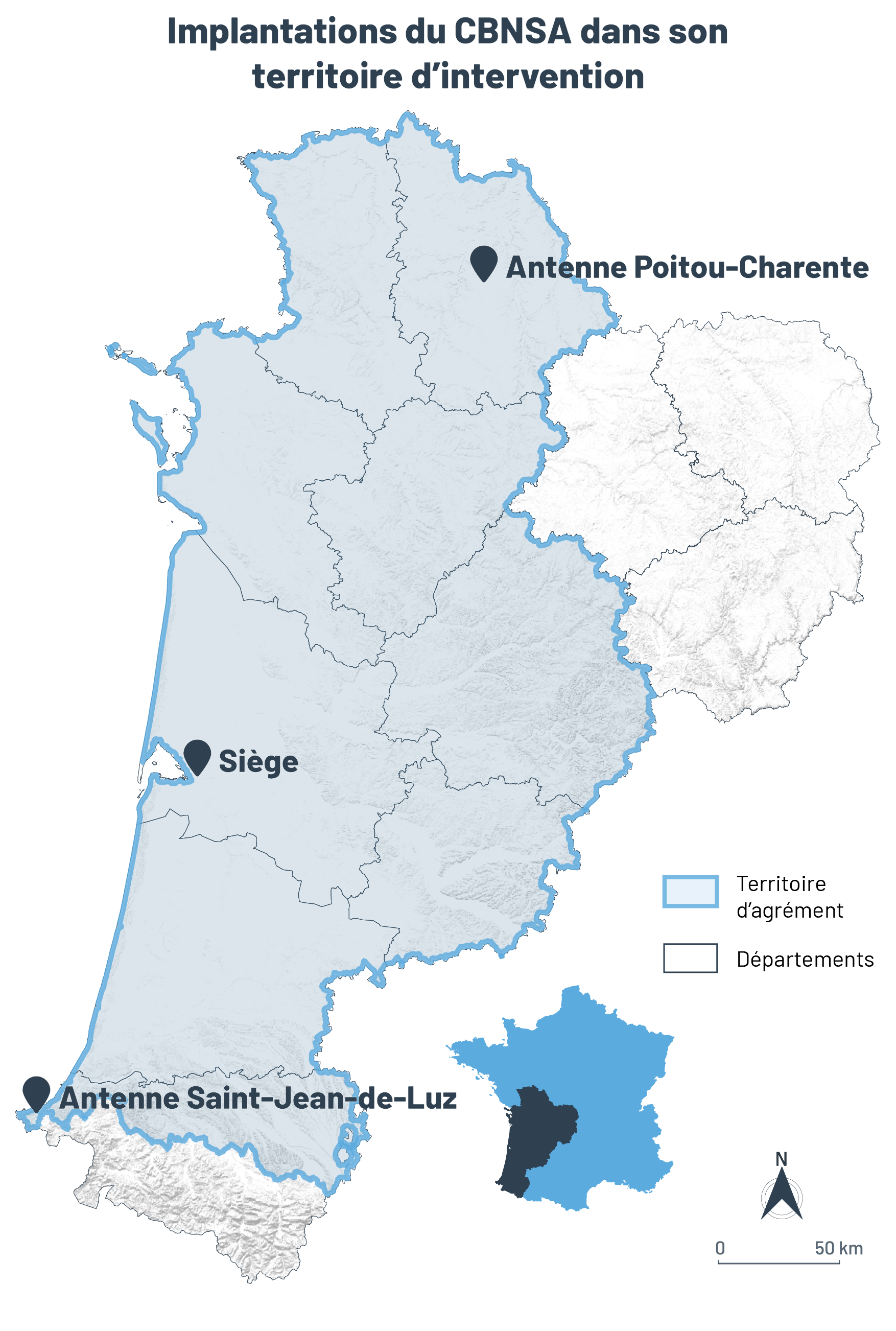 Implantations du CBNSA dans son territoire d'intervention