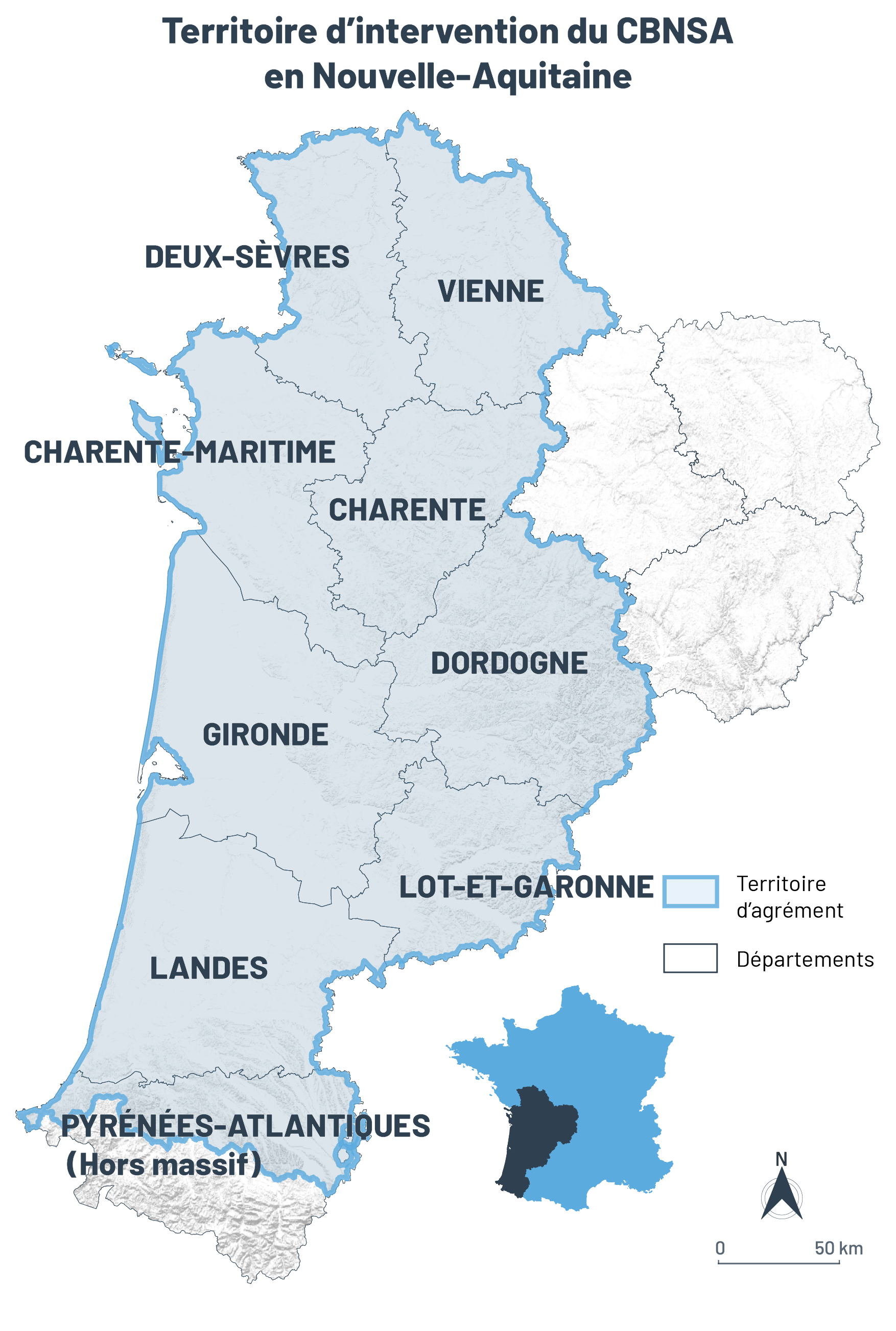 Territoire d'intervention du CBNSA en Nouvelle-Aquitaine
